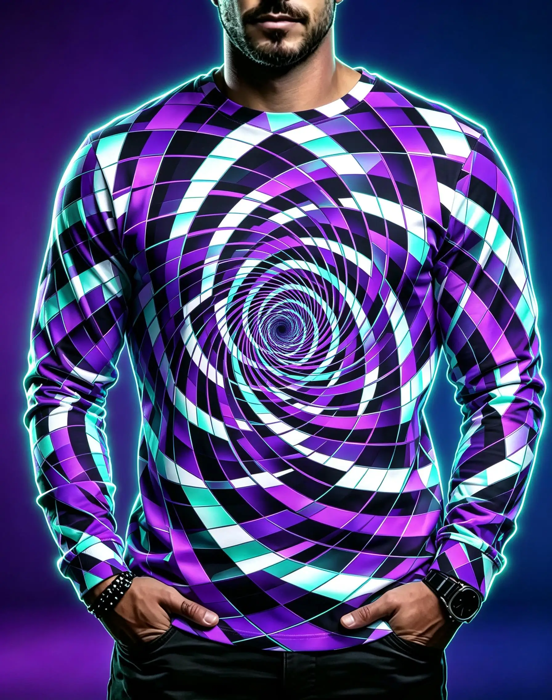 Psychedelic Swirl Geometric Optical Illusion Graphic Long Sleeve Tee, Men Polyester Abstract Hypnotic Shirt