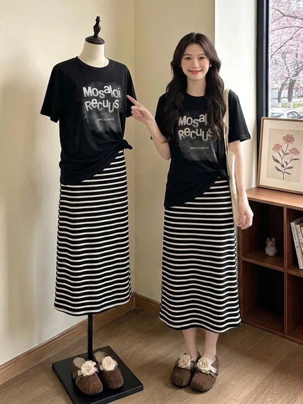 

plus Size Women's Summer Fashion Set Casual Striped Half Skirt Two Piece Suit Pear Shape Short Sleeve round Neck Commute Style