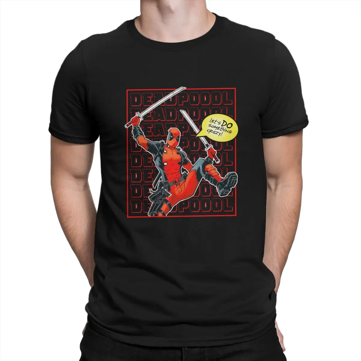 Disney Deadpool Film Man TShirt Let's Do Something Crazy Design With Sword Classic Fashion T Shirt Harajuku Streetwear Hipster