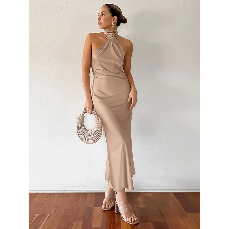 

2024 New Khaki French Style Halter Evening Dress Sexy Backless Adult Lady like Woman Style Slim Fishtail Dress Fengsb