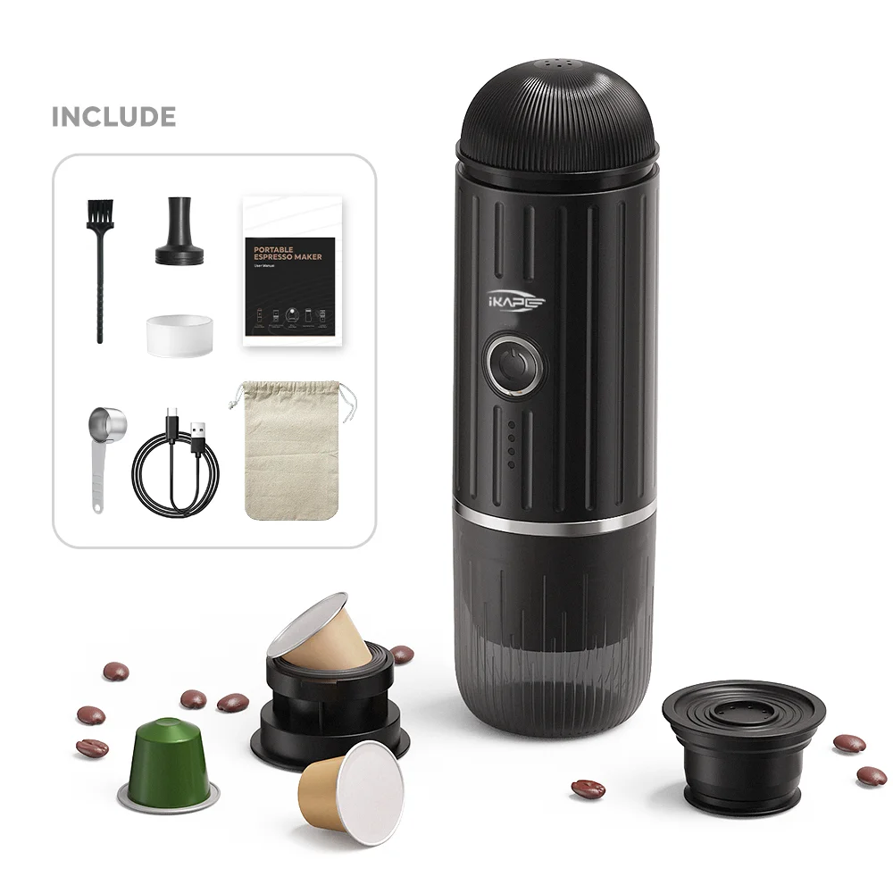 IKAPE Portable Electric Espresso Maker, Capsule Coffee Machine for Hot/Cold Water, Ground Coffee Machine for Hiking/Camping/Home