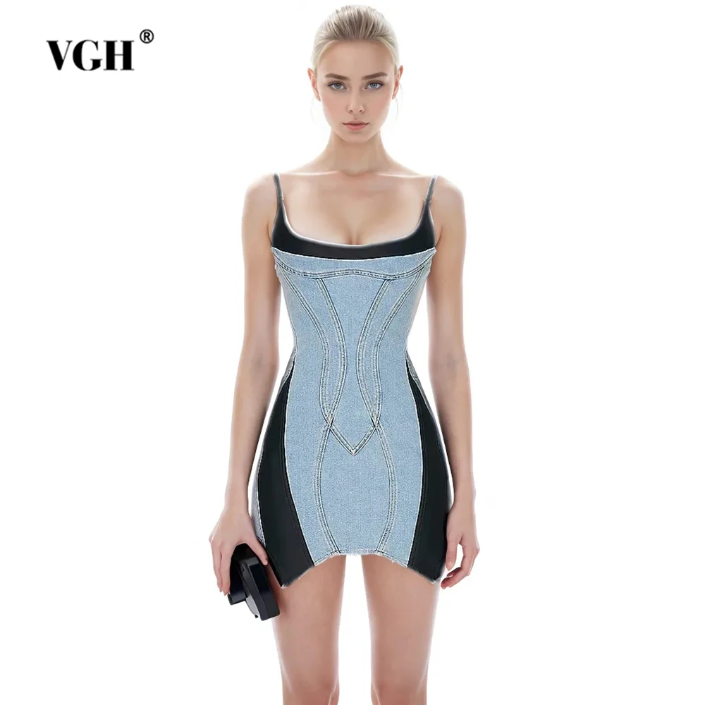 

VGH Hit Color Temperament Denim Dresses For Women Square Collar Sleeveless High Waist Slimming Camisole Dress Female Fashion New