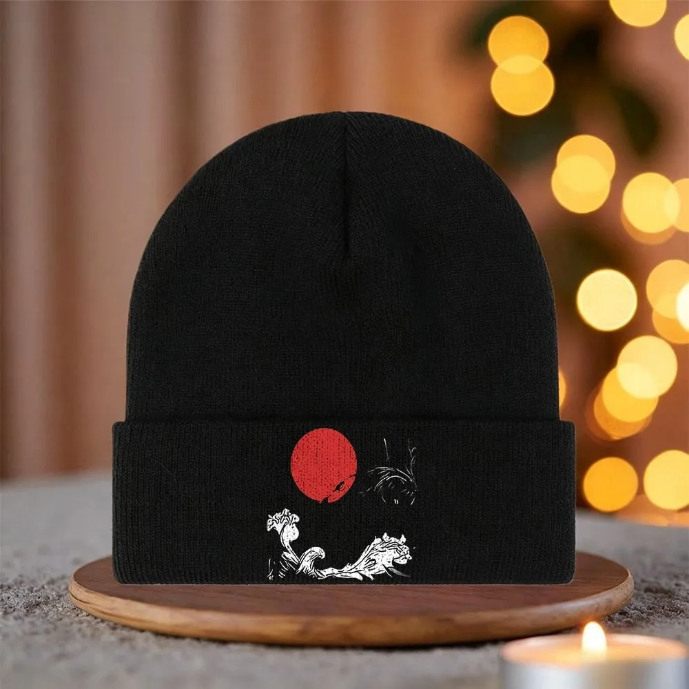 1pc Autumn Winter Outdoor Casual Hat Japanese-Inspired Wave And Sun Pattern Beanie Suitable for Fishing Enthusiasts