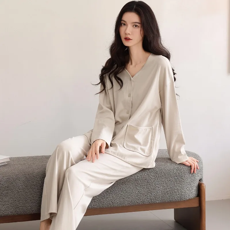 

Women's Autumn V Neck Long Sleeved Long Pants Cotton Pajama Set Casual Loose Fit Trousers Relaxing Outings Home wear