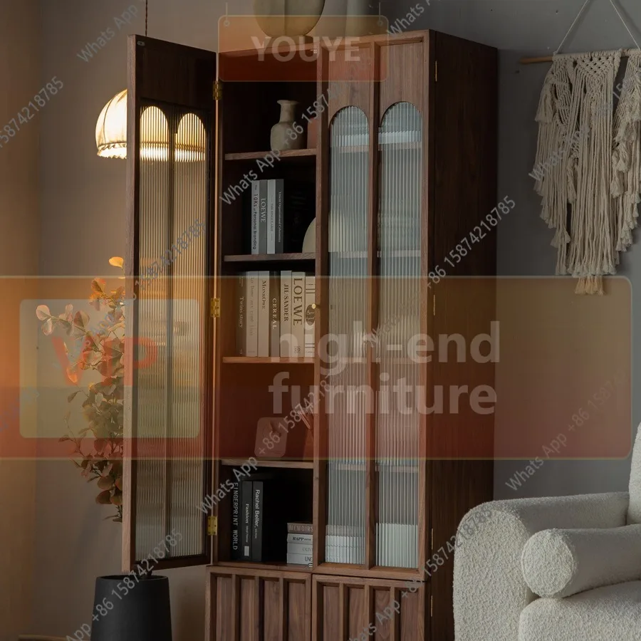 

QA Vintage Nordic black walnut solid wood bookcase, living room dust-proof glass display cabinet, locker storage