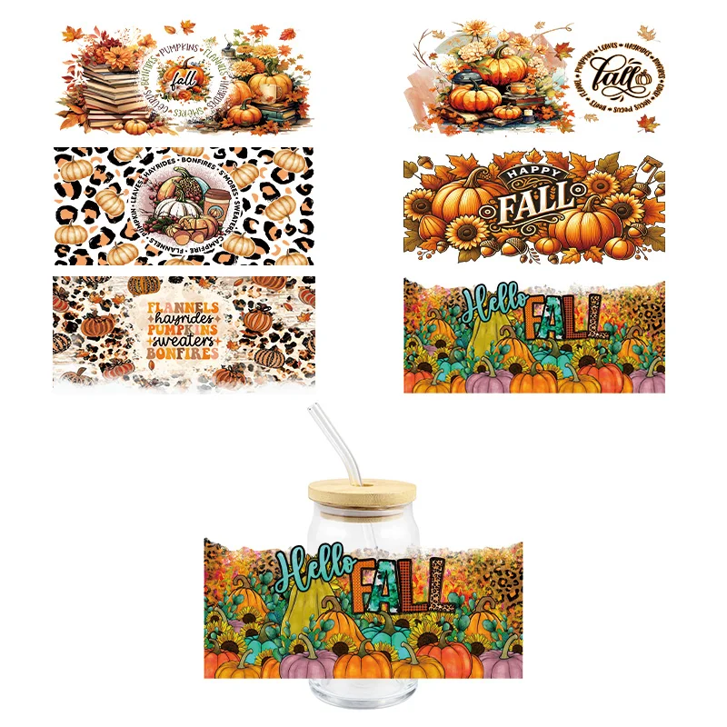 

Fall Orange Pumpkin UV DTF Wrap Transfer Stickers Fashion Trend Design Waterproof Wrap For Glasses Cups Bottles Decal