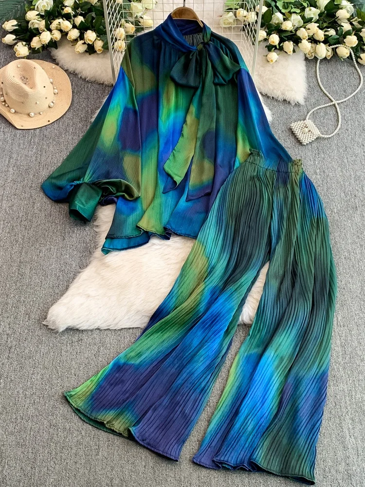 

Ele Knot Lantern Sve irt Утягивающие плиссированные широкие брюки с высокой талией, комплект из двух предметов для молодых женщин