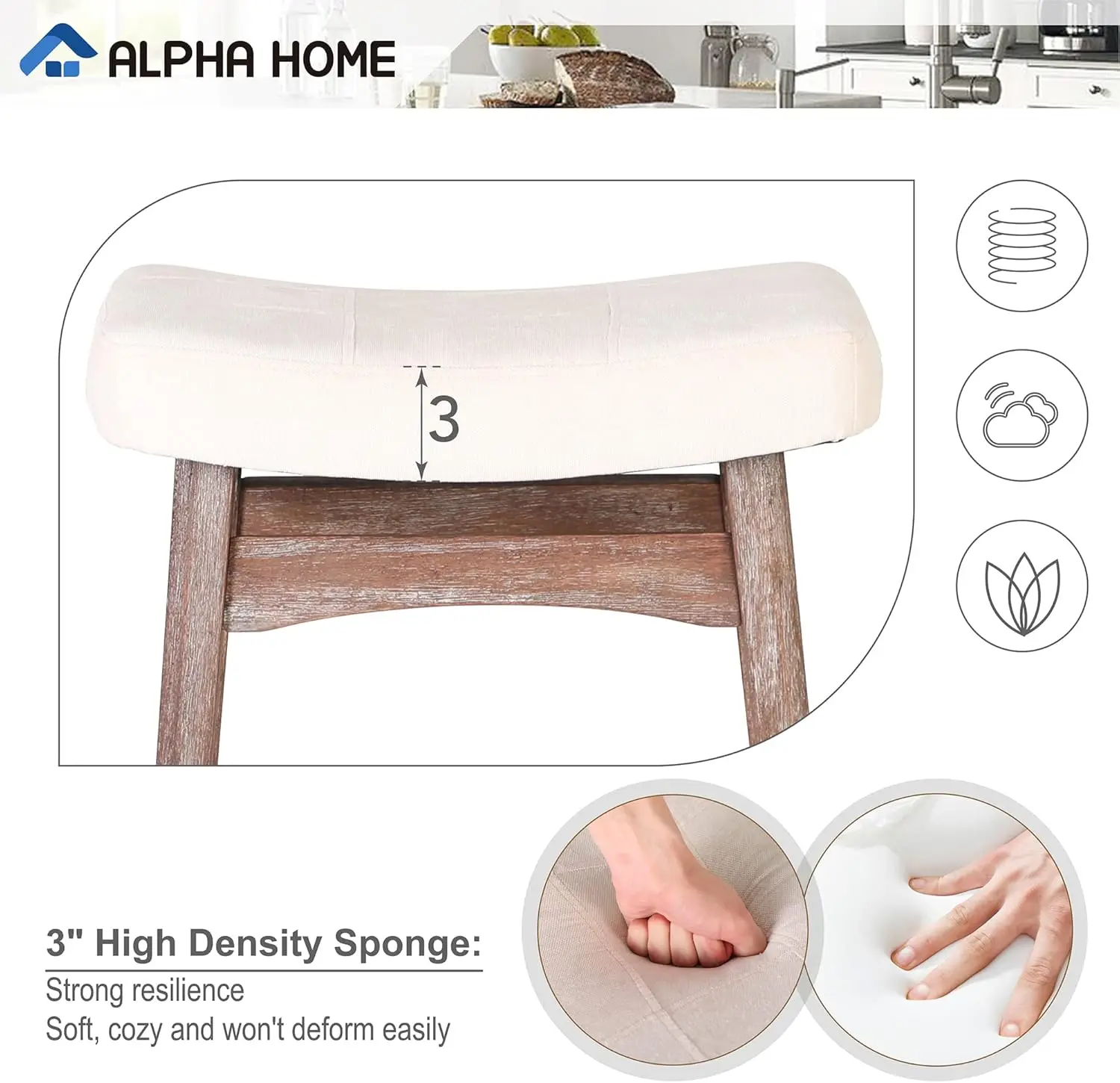 Alpha Home Barhocker 2er-Set, Massivholz Sattel Küchen hocker mit beige Leinen Stoff Kissen Gegen höhe Barhocker mit