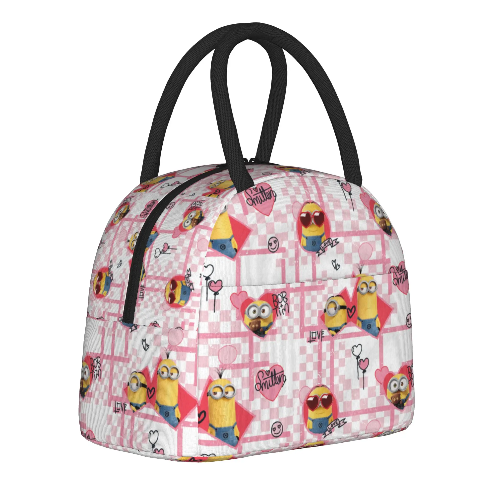 

Banana Henchmen Cartoon Grid & Hearts Pattern Insulated Lunch Bags Thermal Bag Meal Container Portable Lunch Box Tote Men Women