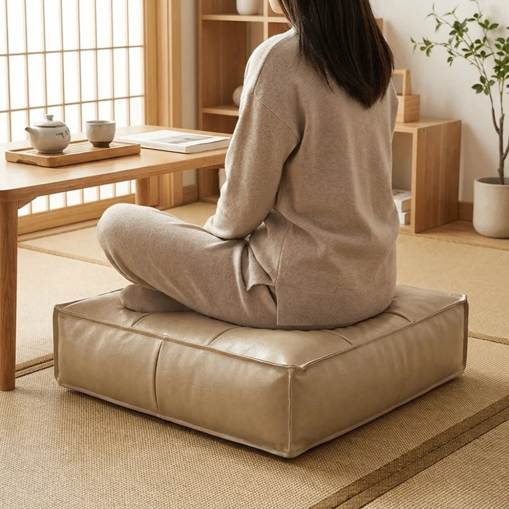 Nine Grids PU Leather Tatami Sitting Mat Square Thickened Sofa Stool Cover Waterproof Pure Color Storage Bag Under Desk