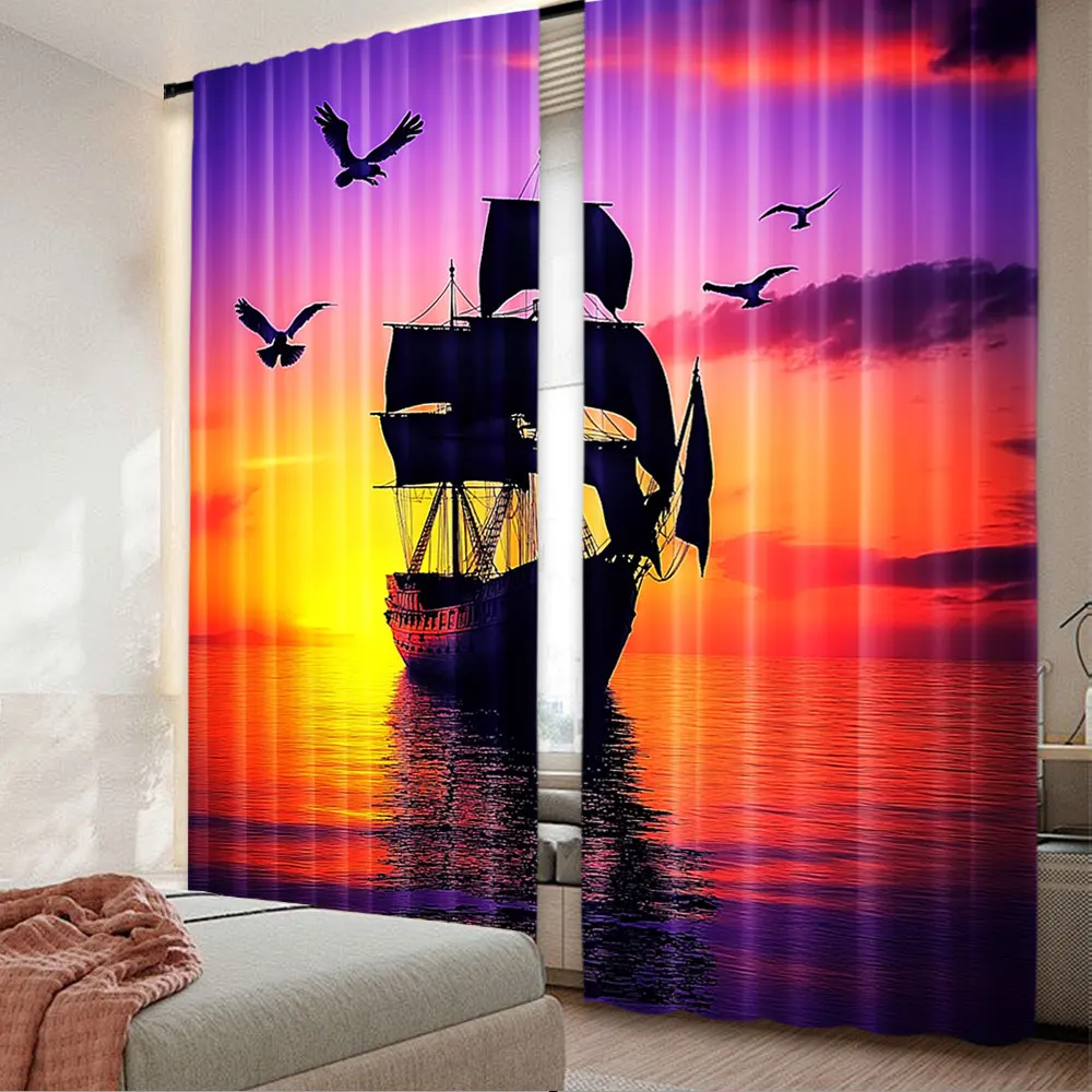 

2Pcs Ship Curtains Sailboat At Evening Sunset Sea Curtains Ocean Landscape Sailing Silhouette Orange Curtains