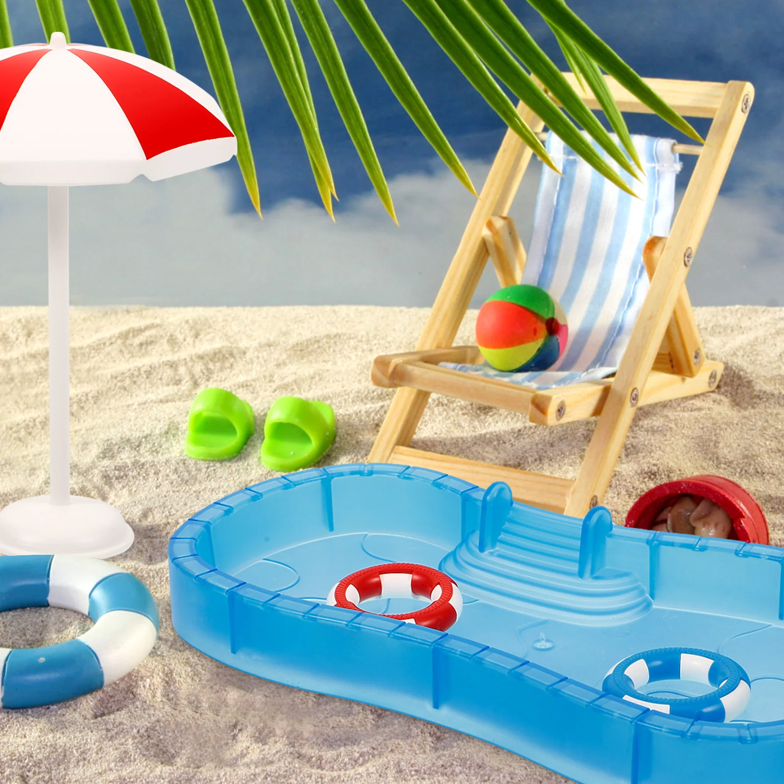 Set di giocattoli per casa delle bambole Mini scena Prop Mobili da nuoto Sedia da spiaggia Piscina Decorazione per barche Mini Accessori per piscina Alta simulazione