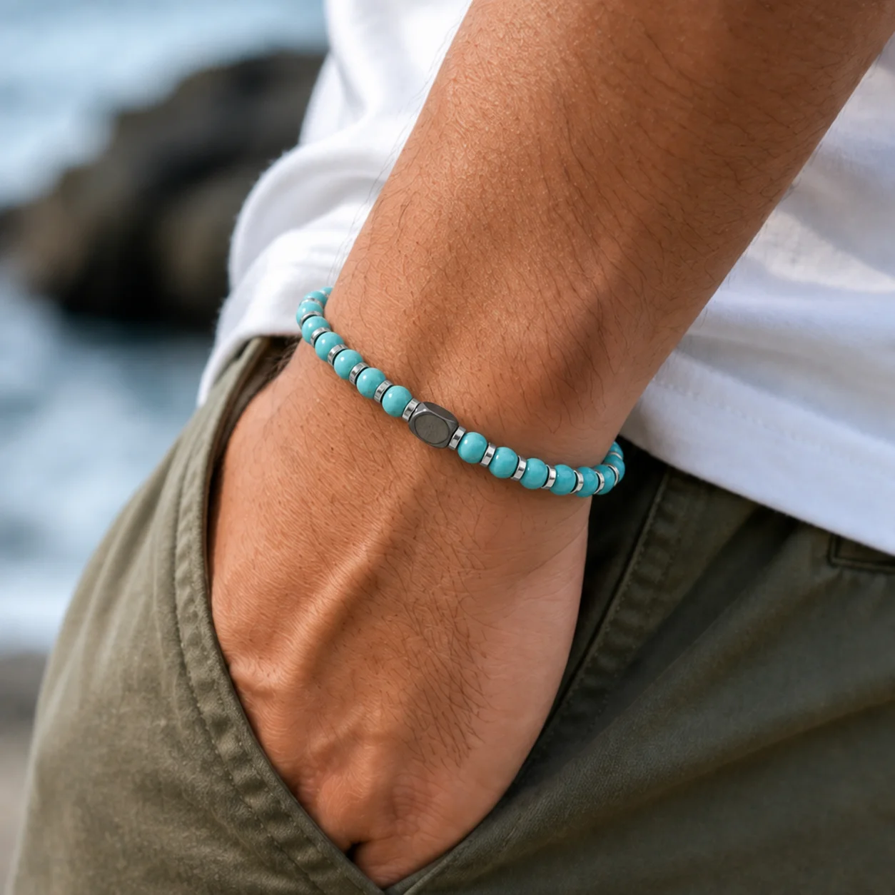 1pc Men's Round Stone Bead Necklace Turquoise Blue Beads with Stainless Steel Spacers Casual Sporty Party Chain
