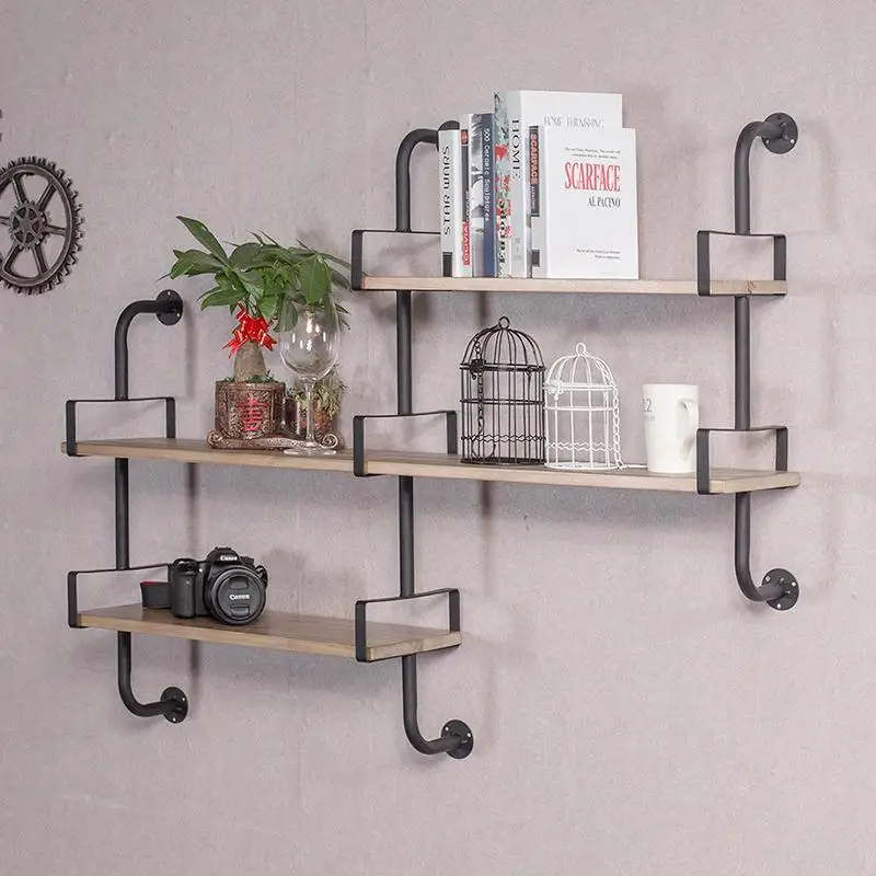 

Loft Solid Wood Boards Rack Iron Living Room Study Wall-Mounted Storage Bookshelf