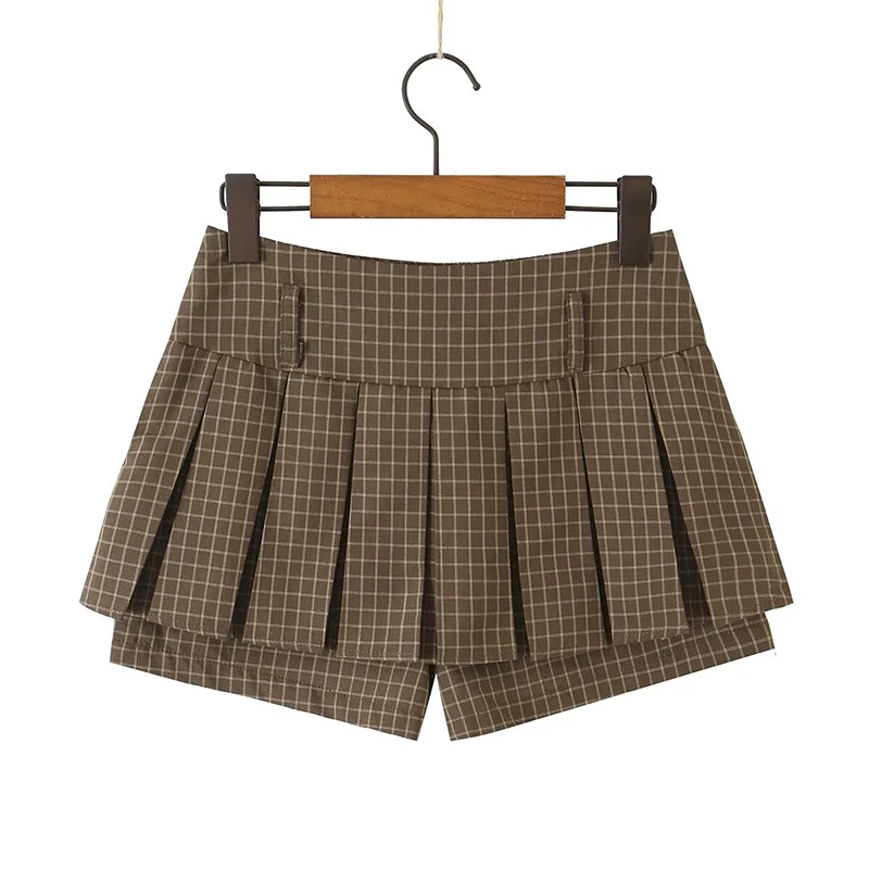 American Retro Plaid Pleated Mini Skirt For Preppy Girls Autumn High Waist A-line Built‑in Shorts Y2K Skirts