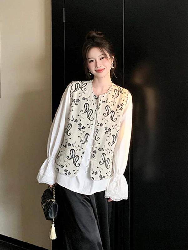 

Женский жилет в стиле ретро с вышивкой, свободного кроя, повседневный, весенний дизайн, уникальный, универсальный, из чистого хлопка, с цветочным узором, на одной пуговице