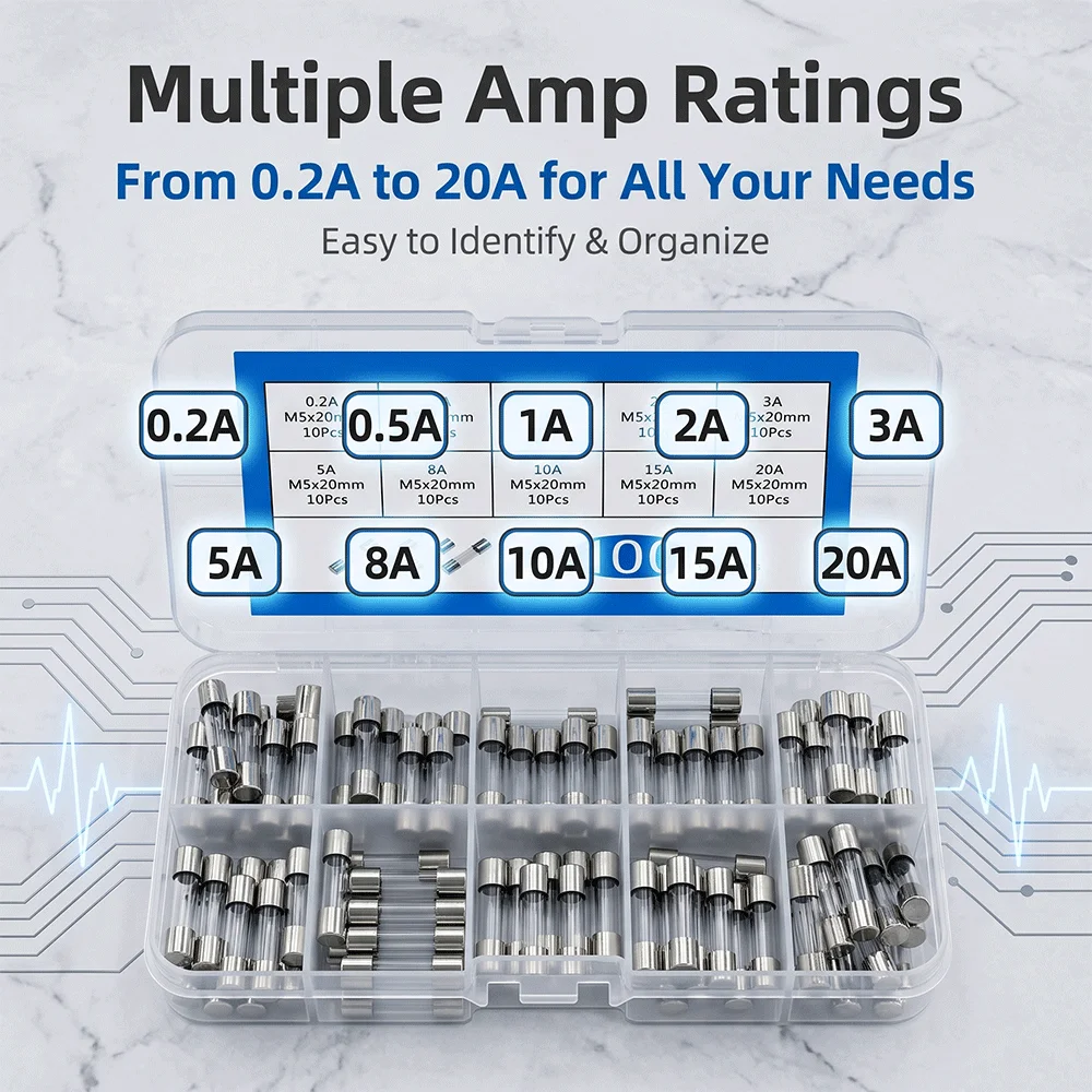 100Pcs Quick Blow Glass Tube Fuse Assorted Kit 5x20mm Fast Blow Fuses 250V Multiple Amp Ratings 0.2A-20A for Electrical Circuit