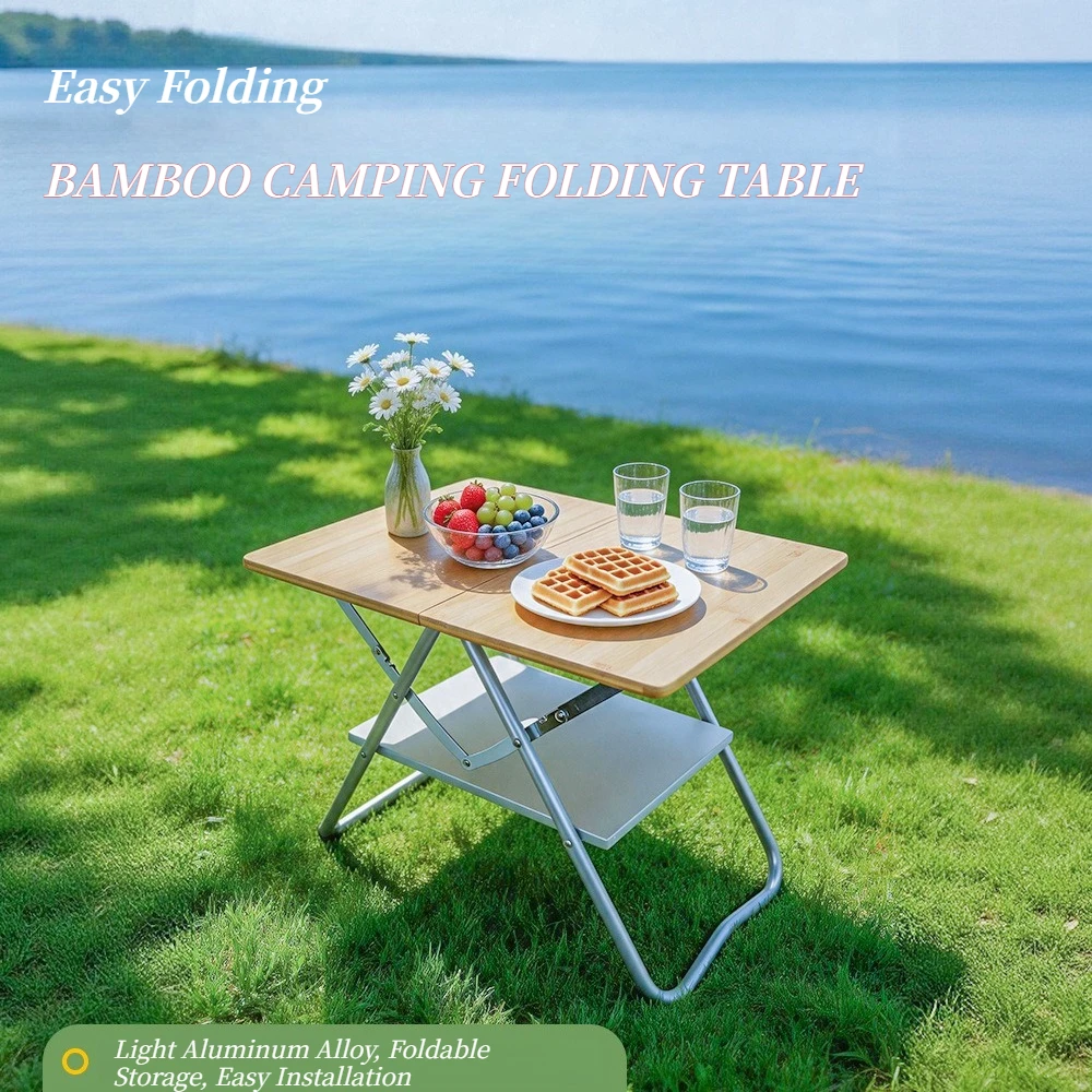 Bamboo Top Camping Folding Table Aluminum Frame Portable Outdoor Picnic Table with Storage Layer for Beach Travel BBQ