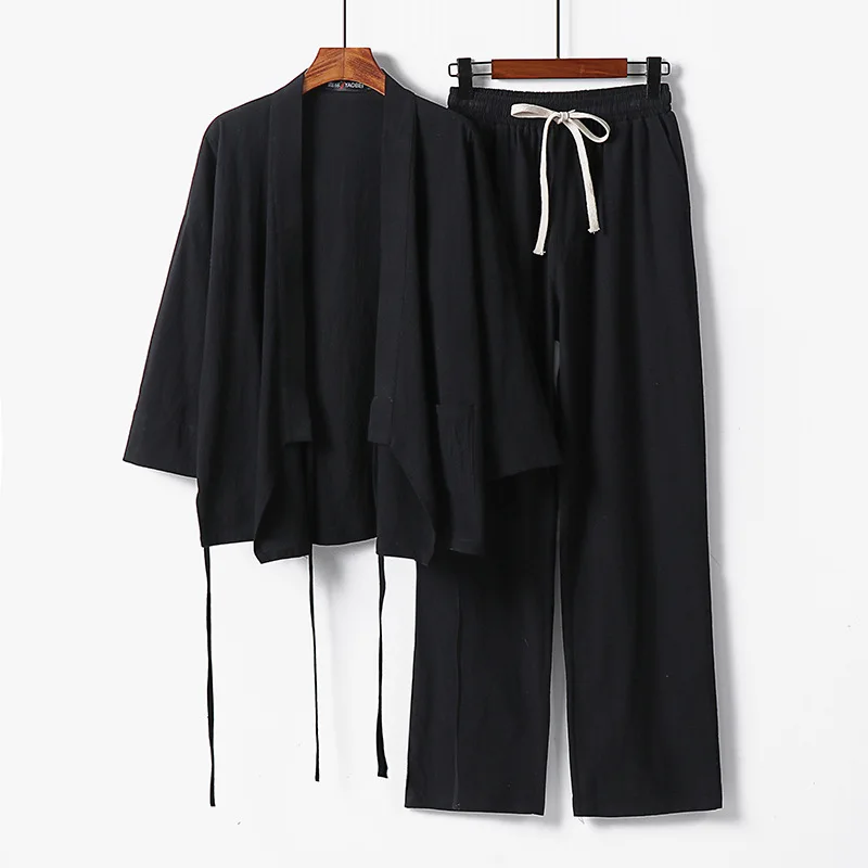 Plus Size 7XL 9XL Men Japanese Kimono Cardigan Pants Set Harajuku Samurai Costume Cotton Linen Kimono Haori Yukata Loose Jacket