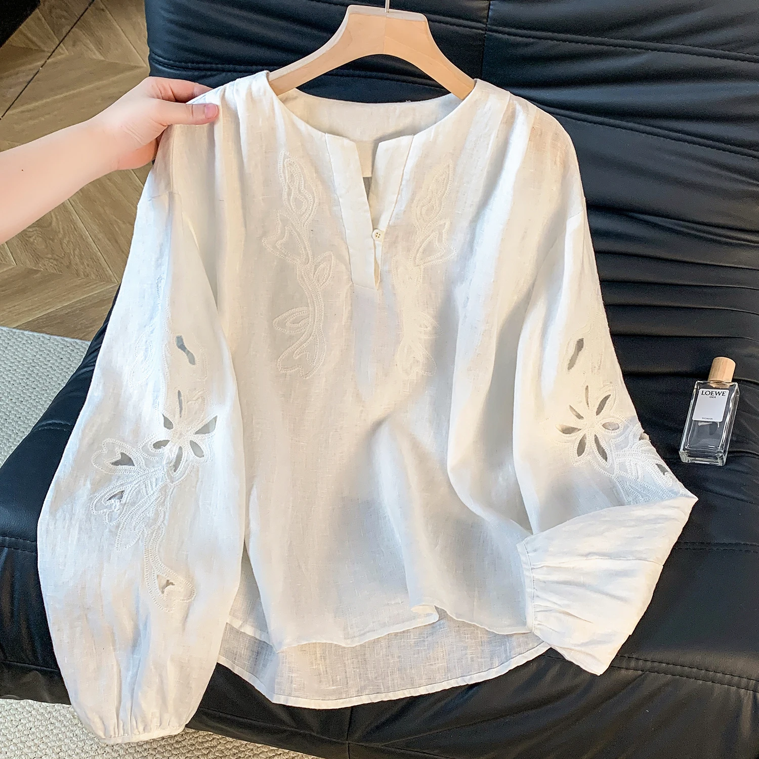 

Белый льняной кардиган Ele с вышивкой, длинный рукав, женский, новинка ранней осени, простой, высококачественный, универсальный, полностью хлопковый