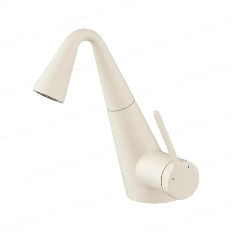 Copper Pull out Sink Faucet Milk White Single Lever Hot Cold Tap Anti-Splash for Bathroom Cabinet Basin Household