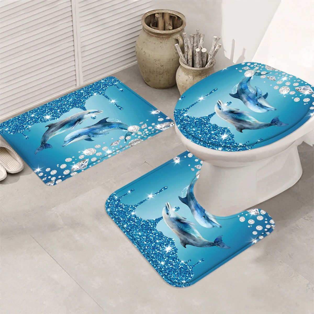 and Dolphins Shower Curtain Set - Luxurious Modern Design, Water-Repellent Curtain, Matching Toilet Floor Mat, and 12 Shower Cur