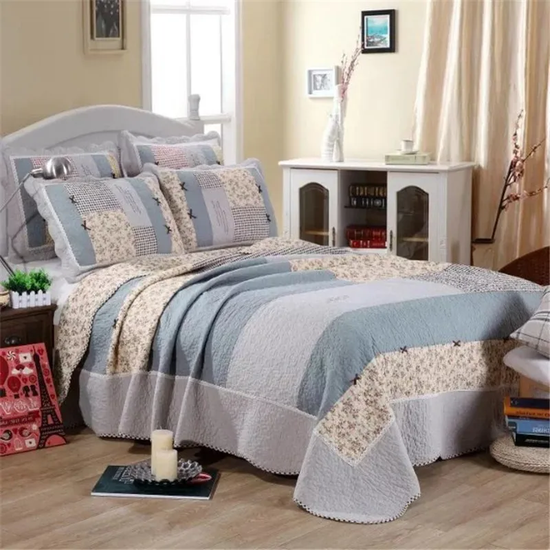 Quilting Bedspread on the Bed Retro Cotton Quilt Set Patchwork Bed Cover Linen Blanket Coverlet Padded Comforter Mattress Topper