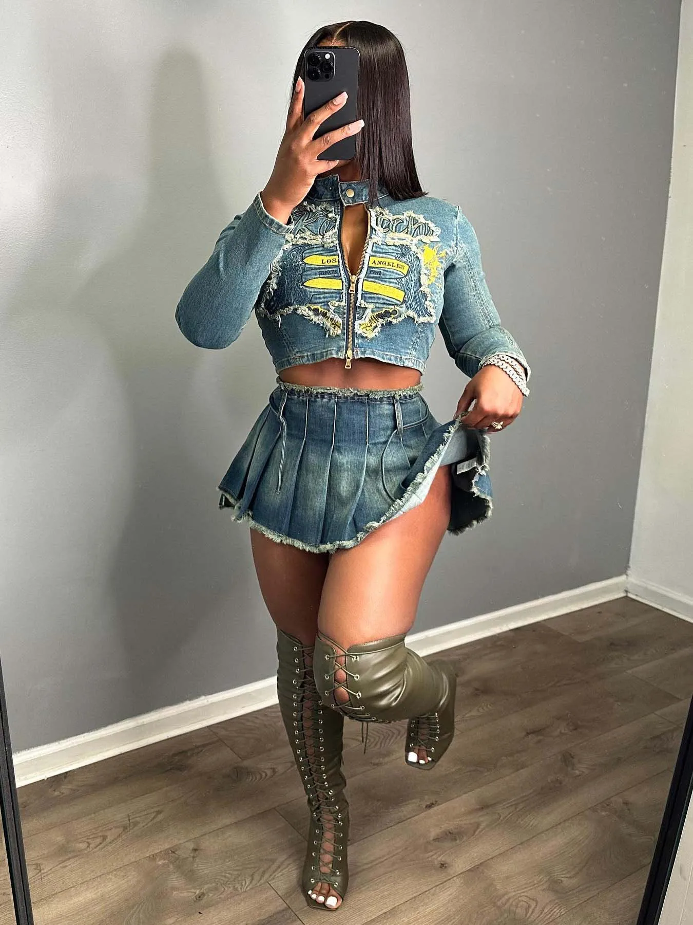 Women'S Embroidered Stretchy Denim Jacket And Ruffle Denim Skirt Set Casual Two-Piece Set Streetwear Pleated Skirt Jackets Set