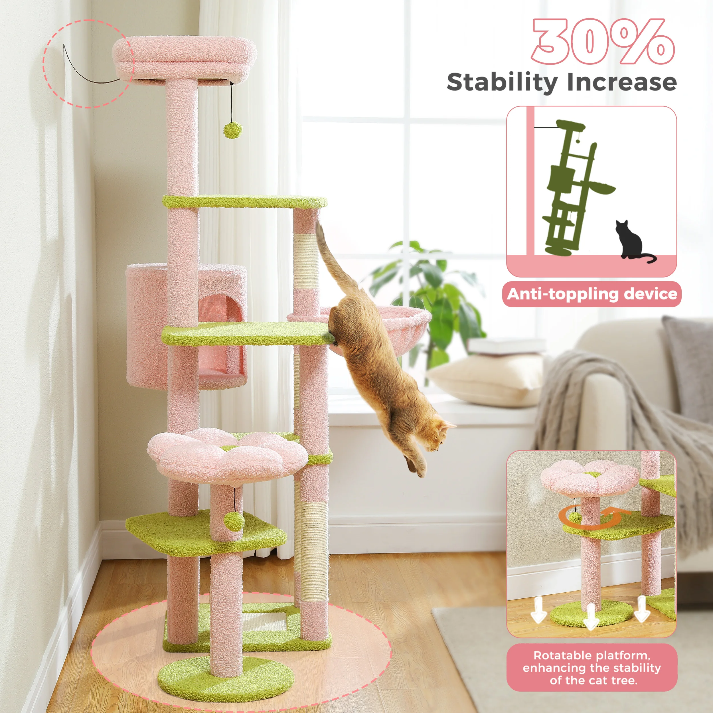 Tall Cactus Cat Tree for Large Cat Multi-Level Cat Tower for Indoor Cats Cat Condo with Large Hammock Scratching Post  2 Perches