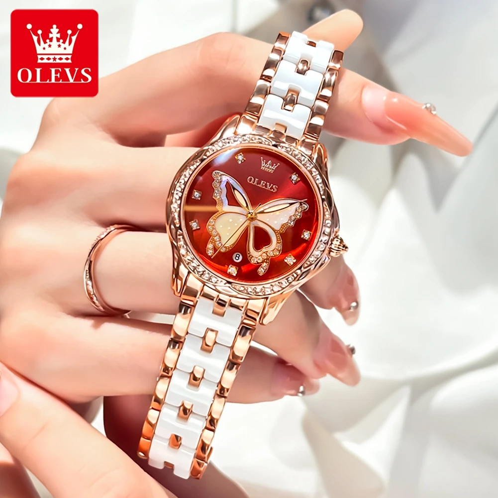 OLEVS 5610 Elegant Women\'s Watch Luxury Brand Rose Gold Ceramic Diamond Watch Imported Movement Women Bracelet Quartz Watch Gift