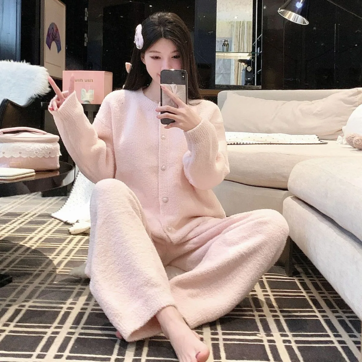 Solid color temperament, small fragrance style, half flannel pajamas pearl button round neck, autumn and winter new home clothes