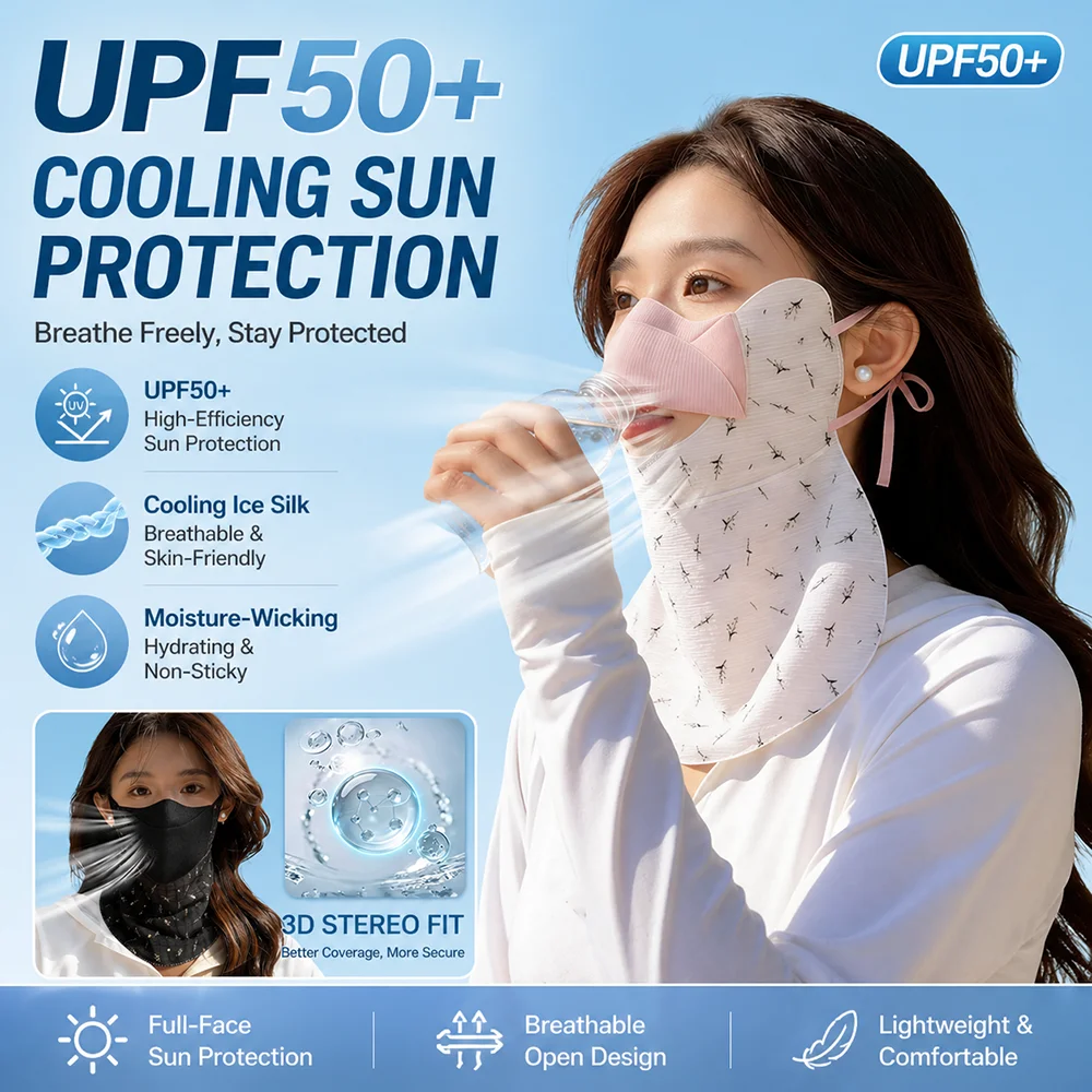 

UPF50+ Cooling Face Cover Mask Breathable Ice Silk Neck Gaiter UV Protection Full Face Sun Shield Outdoor Cycling Summer Scarf