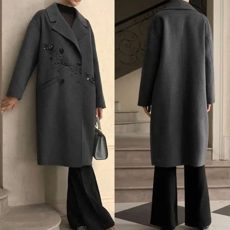 

Autumn Winter Women Long Overcoat 1 Piece Woolen Double Breasted Coat Loose Fashion Outdoors Occasion Custom Made