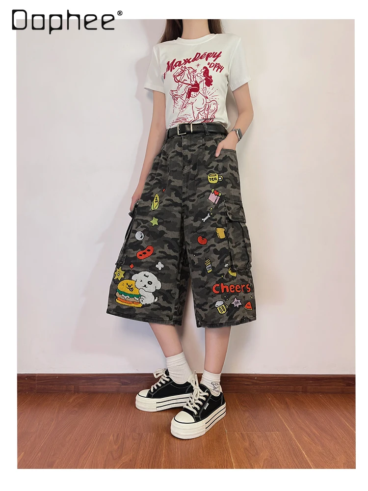 

American Vintage Fun Burger Puppy Embroidery Camouflage Tooling Denim Shorts Casual Cropped Pants Women Clothing