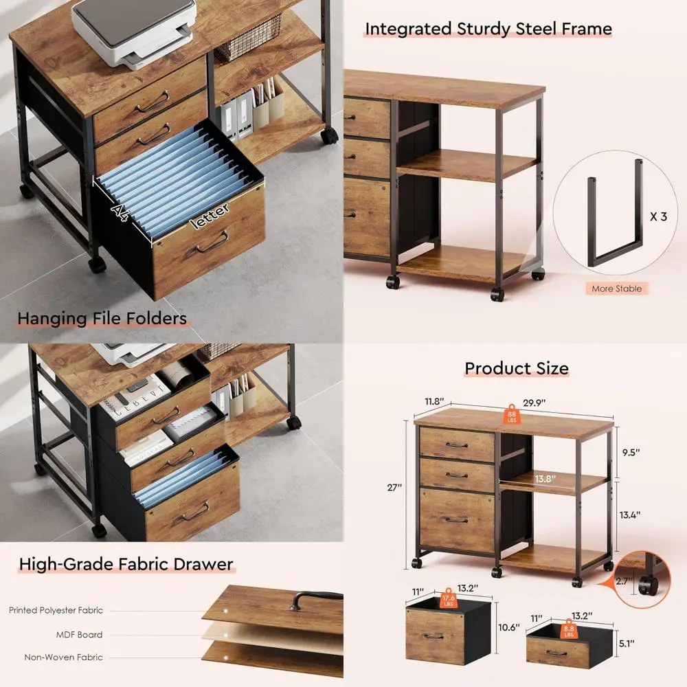 Rustic Brown Rolling 3-Drawer File Cabinet with Printer Stand and Open Shelf for Home Office