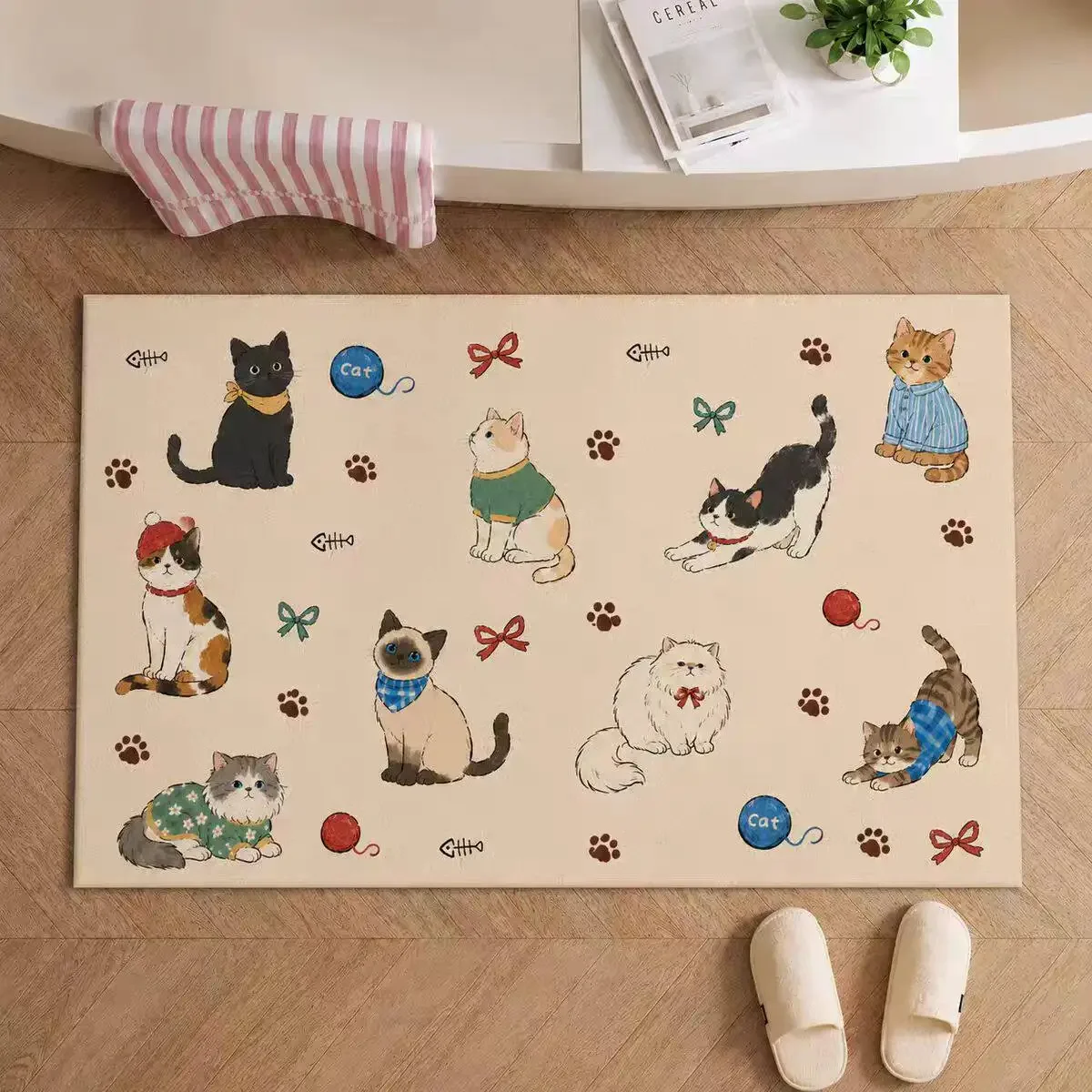 VIKAMA Cartoon Cats Pattern Area Rug for Bedroom, Eight Cats Soft Flannel Plush Non Slip Floor Mat, Funny Cat Doormat, Washable