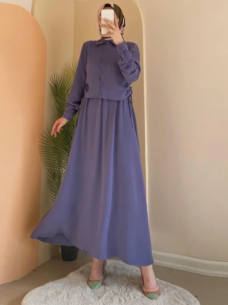 

Elegant Temperament Muslim Female Suit Solid Long Sleeve Drawstring Top A-Line Half Body Skirt Comfortable Trendy Summer Suits