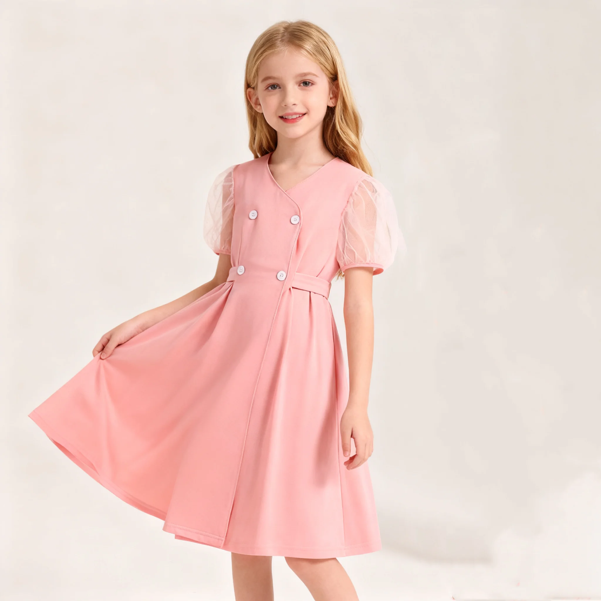 فستان الأميرة الحلو الفرنسي الصيفي للفتيات برقبة على شكل حرف V مناسب للتخسيس من التول بدون أكمام