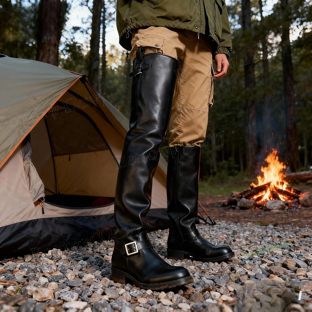 

Black Belt Decor Knight's Boots Solid Men's Shoes Matte Leather Round Toe Knee High Shoes for Men 2024Zapatos Para Hombres