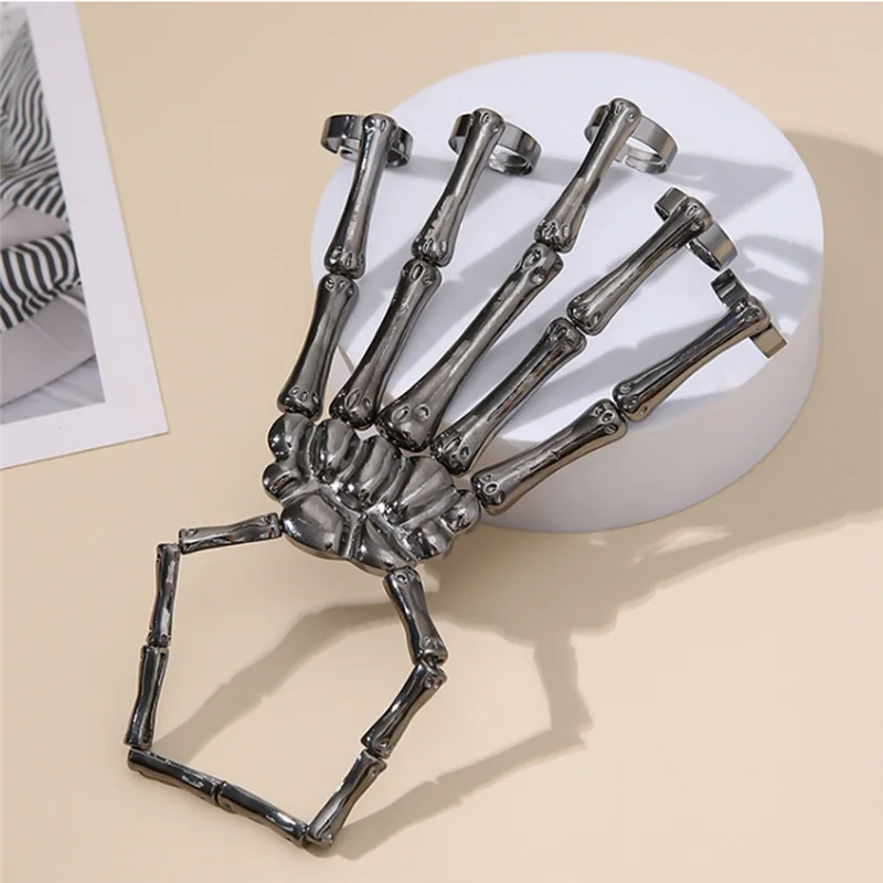 Neue Mode Persönlichkeit Punk Skeleton Hand Knochen Vielseitig Fünf-Finger-Ring Armband Einstellbare All-In-One-Kette