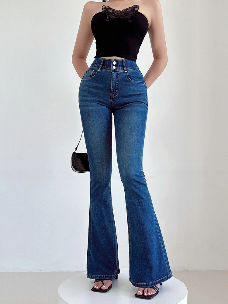 

Liviahome Широкие джинсы с высокой талией, женские джинсовые брюки-клеш в стиле ретро с двумя пуговицами, осенне-зимние модные износостойкие...