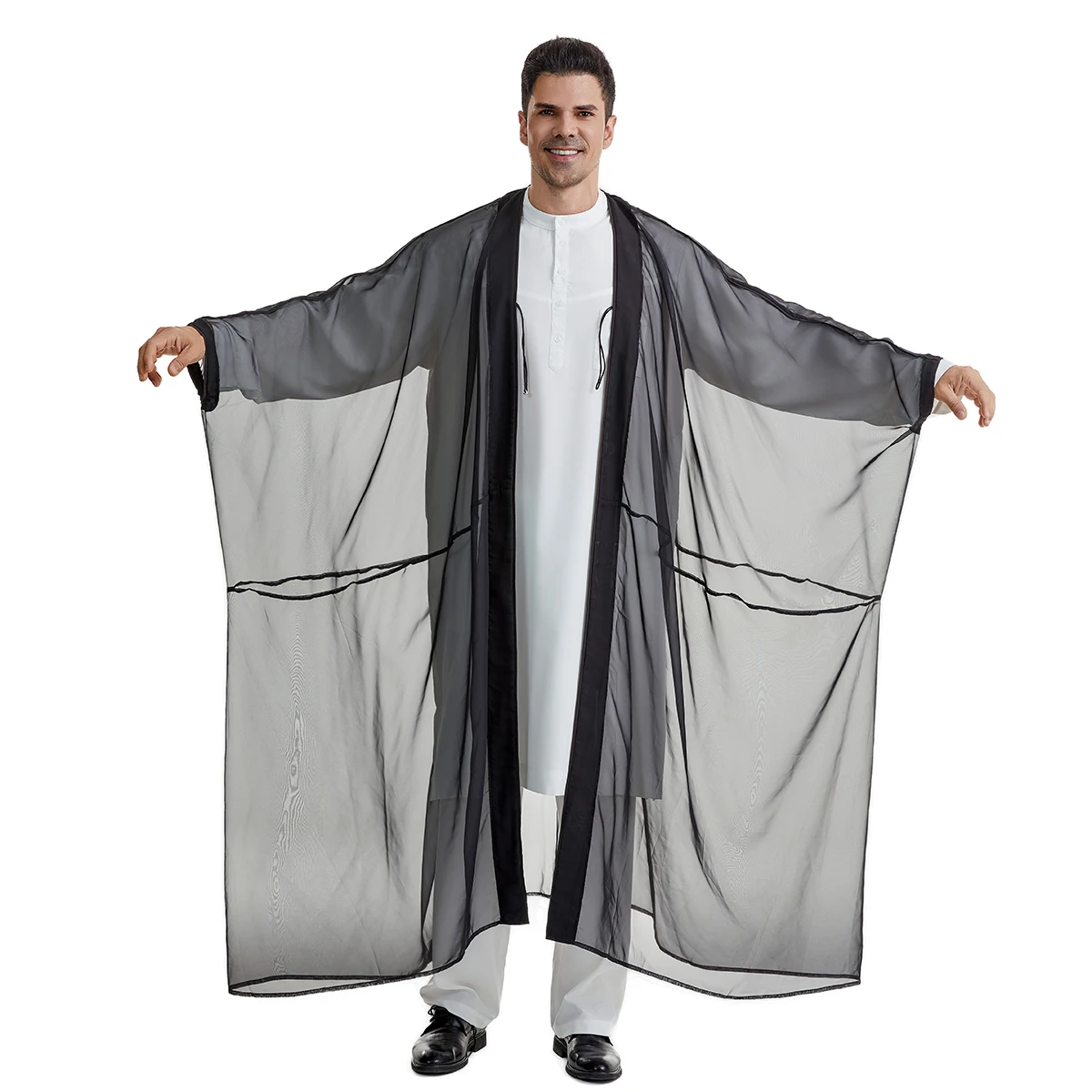 Muslim Men Long Sleeves Pure Color Silk Bisht Robe Arab Male Adult Ankle Length Thobe Ramadan Eid Clothes