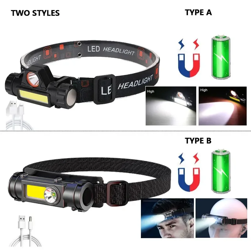 Portable LED Headlamp Waterproof COB Lantern Head Lamp USB Rechargeable 18650 Headlight Work Light with Magnet Fishing Torch