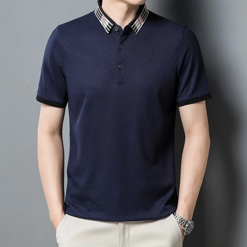 Anti-wrinkle Business Men's Shirt Summer Elastic Cultivate Morality Polo-Shirt Clothing Collar Short Sleeve Top S6062