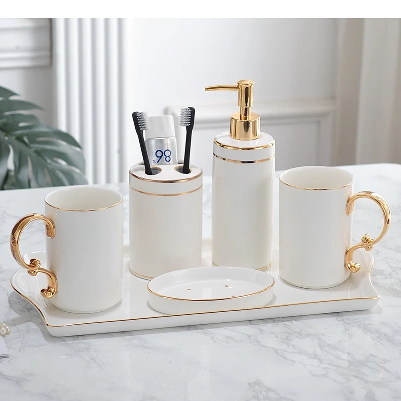 Gold Line Texture Bathroom Accessories Set Portable Soap Dispenser Toothbrush Holder Dish Quality Ceramic Bath Supplies