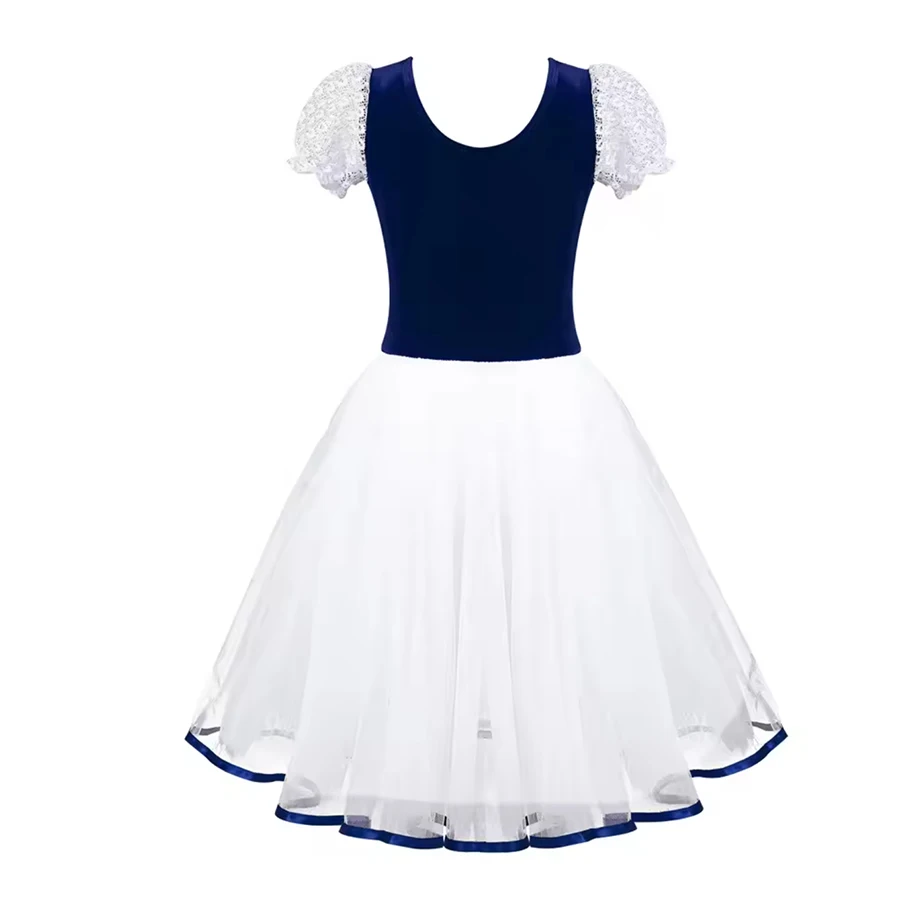 New Professional Girls Ballet Tutu Dress Velvet Body Mesh Skirt Short Puff Sleeves Kids Dance Gymnastics Leotard Costumes