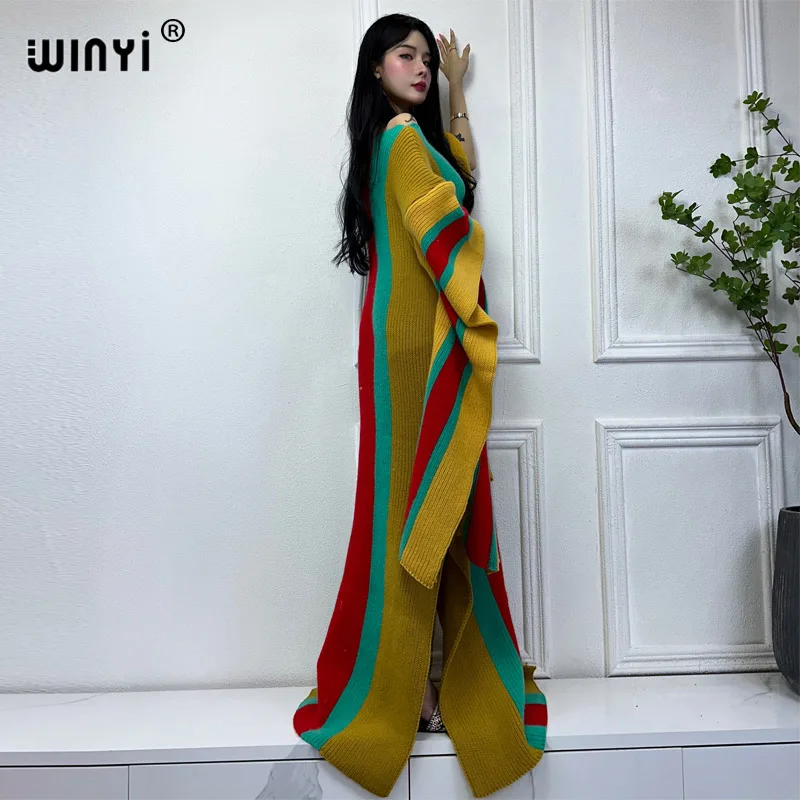 WINYI zimowa dzianinowa elastyczna sukienka maxi długa wygodna ciepła moda kaftan eleganckie damskie zimowe ubrania dla kobiet sukienki imprezowe