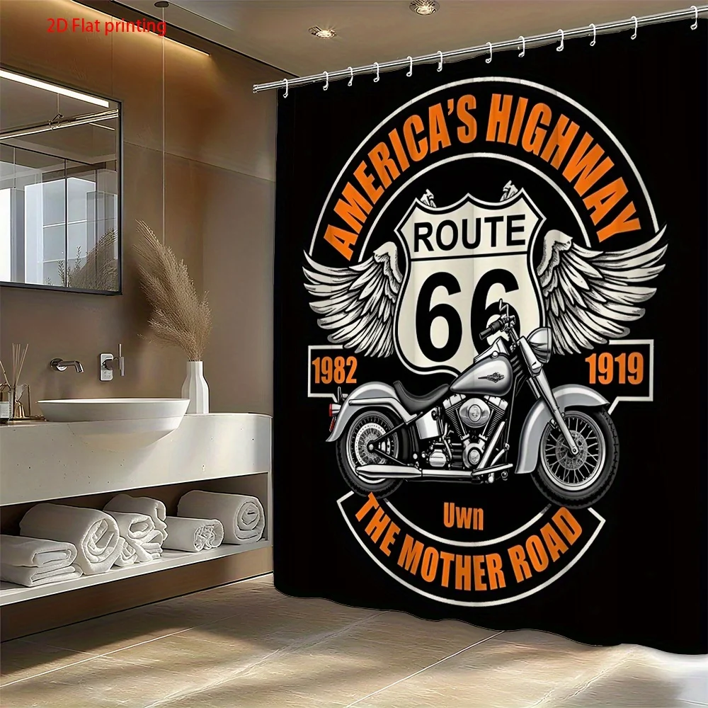 Vintage Route 66 Motorcycle Shower Curtain, American Highway Biker Waterproof Bath Curtain, Retro Garage Man Cave Decor