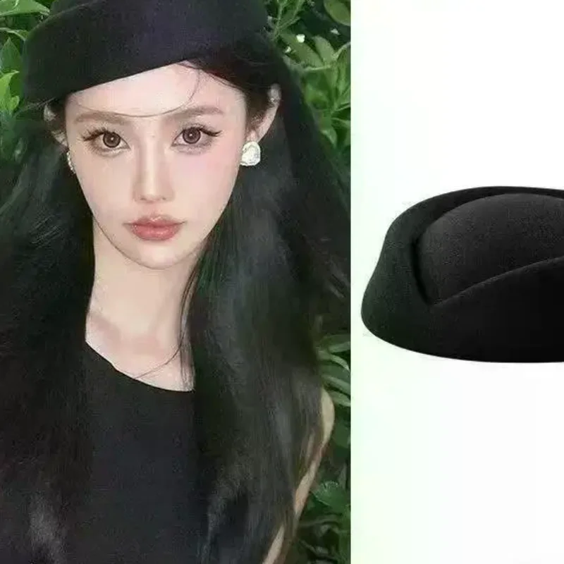 Beret Hat Caps Airline Stewardess Flight Attendant Vintage Hat Black Flat Top Hat Hair Clip Hair Accessories
