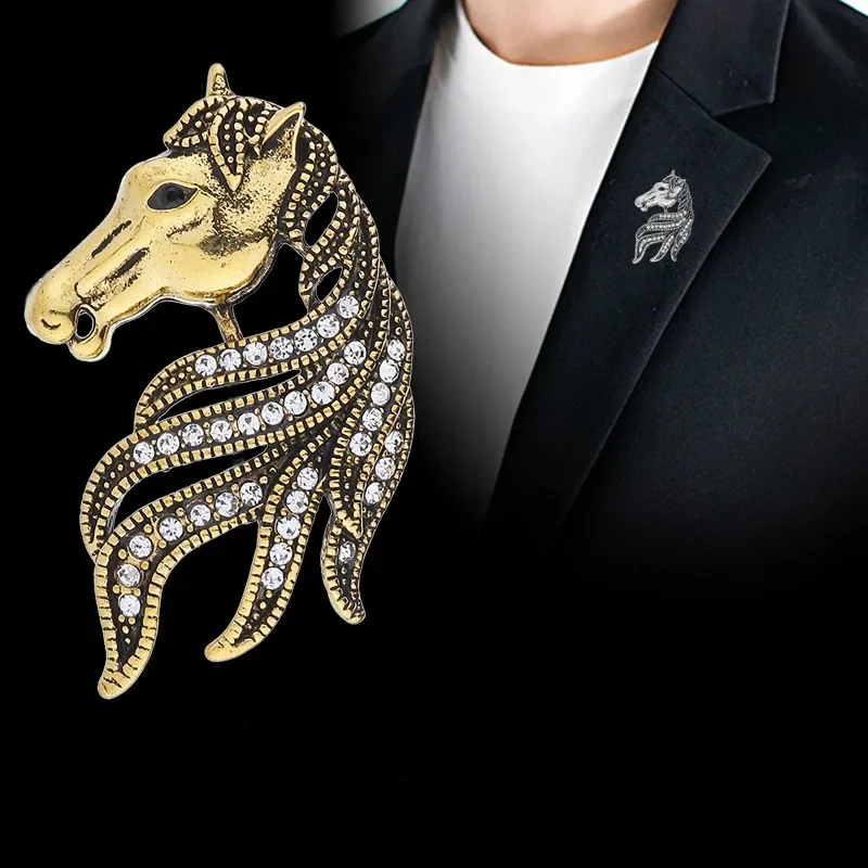 Retro High-grade Crystal Animal Horse Brooch Men's Suit Shirt Corsage Lapel Pin Badge Clothing Brooches for Women Accessories